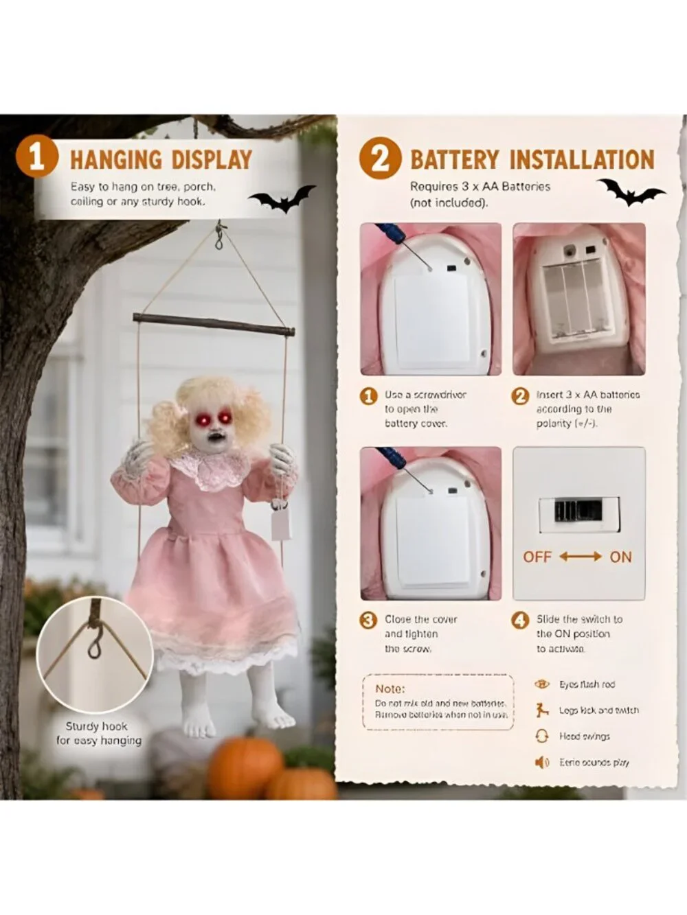 Halloween Animatronic Doll Decorations Outdoor, Animated Hanging Swinging Girl